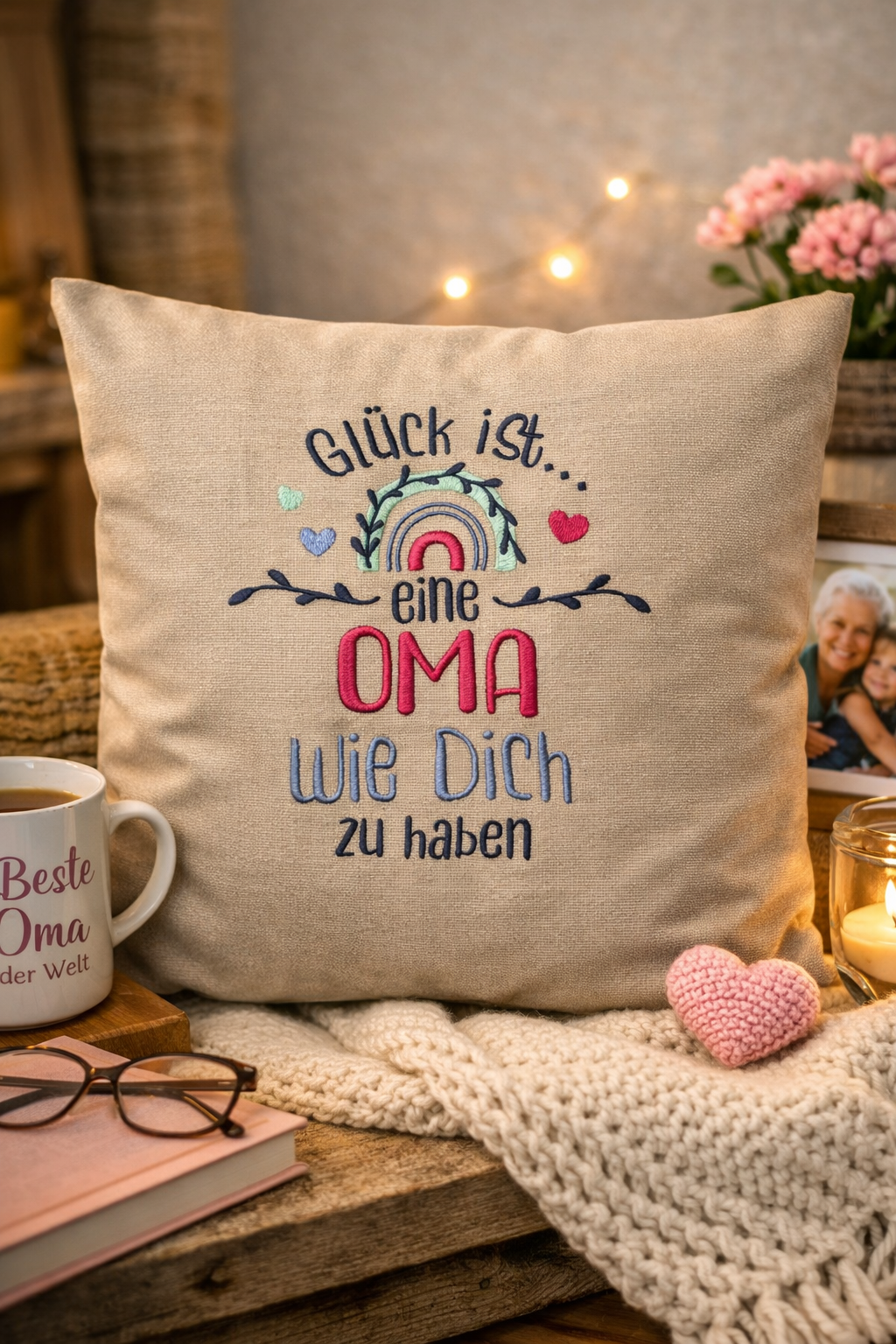 Dieser bestickte Kissenbezug ist eine liebevolle Geschenkidee und ein hochwertiges Mitbringsel für alle lieben Omas und Großmütter