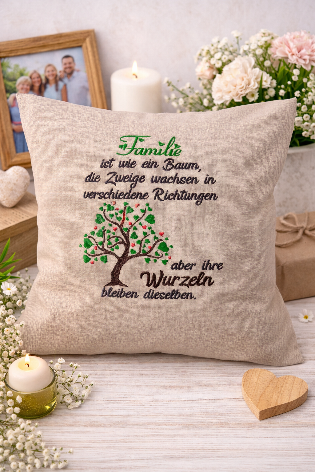 Kissenbezug Zierkissen 40x40 bestickt Baumwolle - Deko für Wohnzimmer Geschenk für Familie Familienbaum