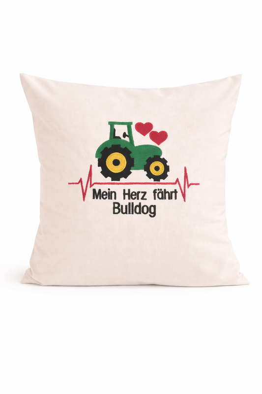 Kissenbezug Zierkissen 40x40 bestickt Baumwolle - Deko für Wohnzimmer Geschenk für Bulldogliebhaber & Traktorfahrer