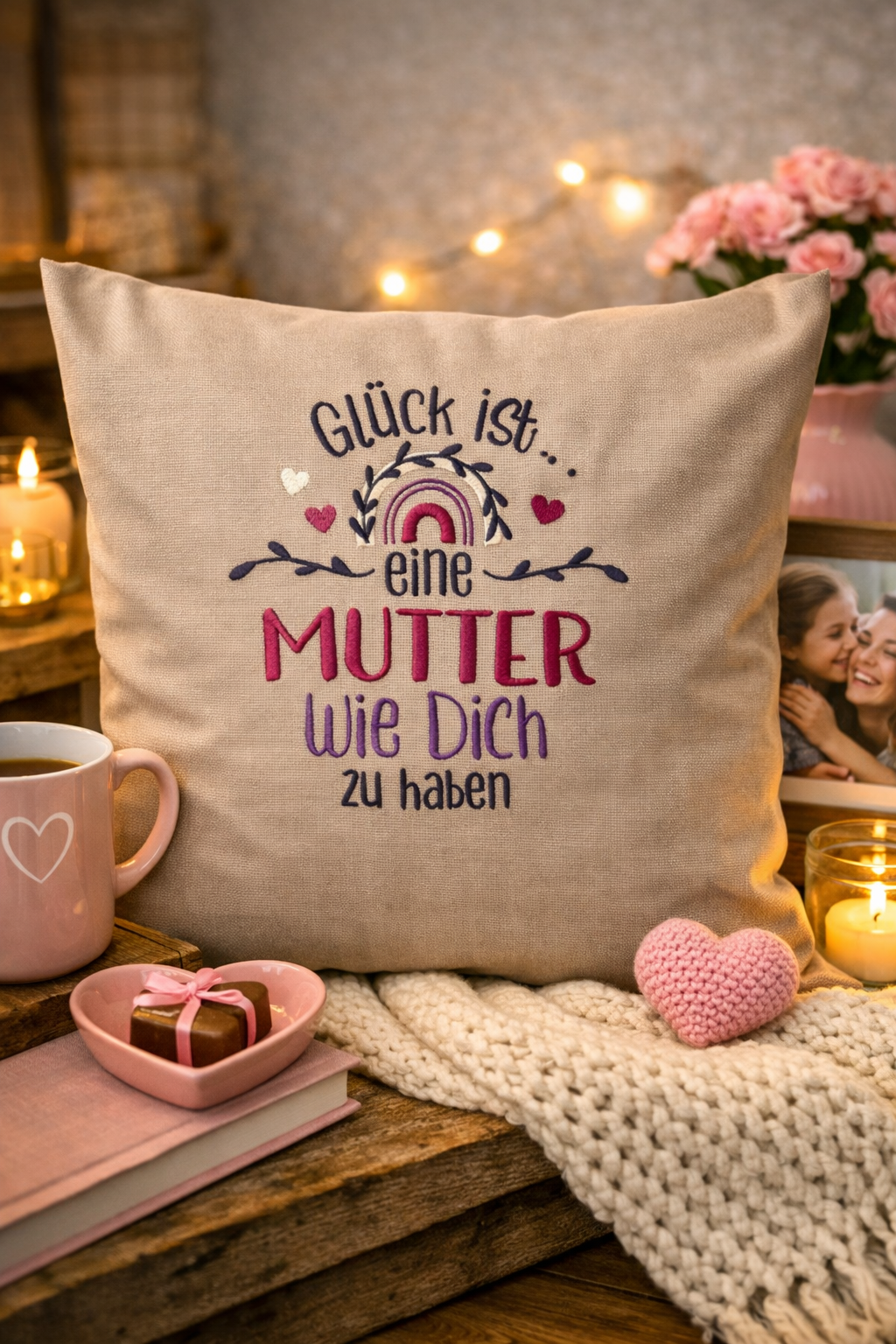 Dieser bestickte Kissenbezug ist eine liebevolle Geschenkidee&nbsp;und ein hochwertiges Mitbringsel für alle lieben Mamas und Muetter
