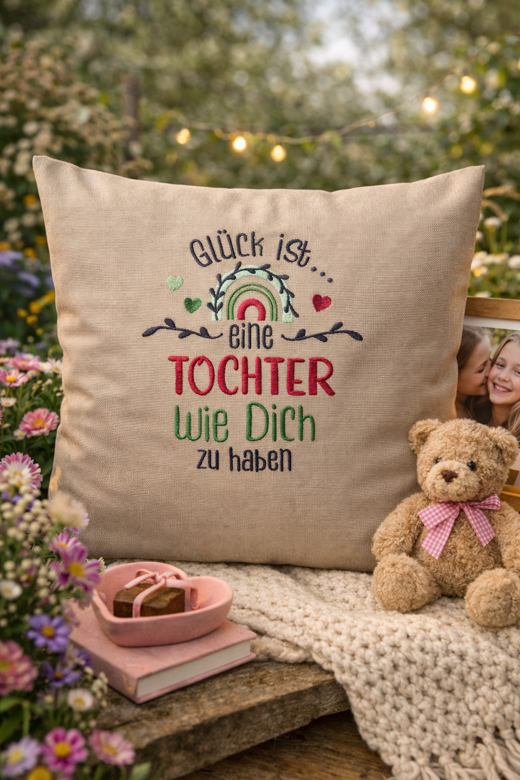 Dieser bestickte Kissenbezug ist eine liebevolle Geschenkidee und ein hochwertiges Mitbringsel für alle Toechter