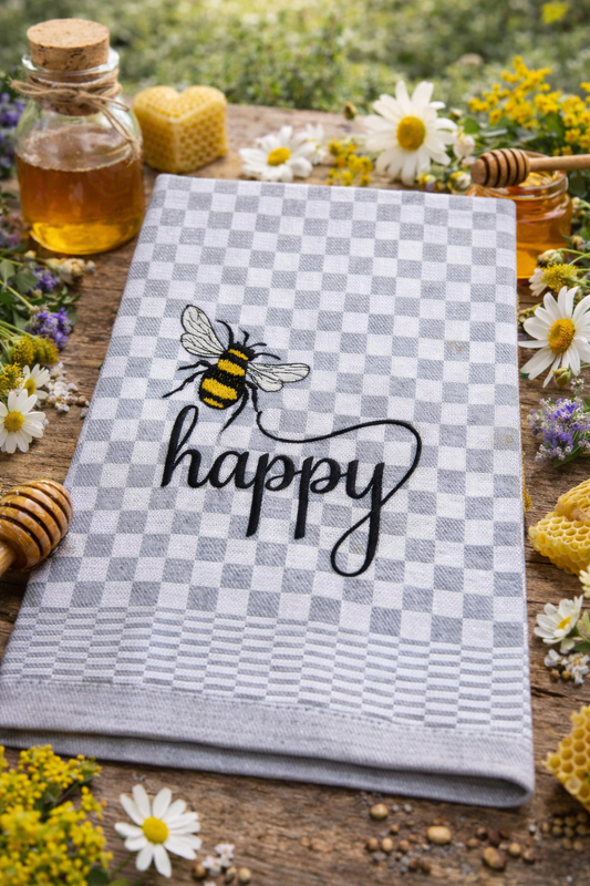 Dieses besticktes Geschirrtuch ist eine liebevolle Geschenkidee und ein hochwertiges Mitbringsel für alle die Bienen lieben und glücklich sind.