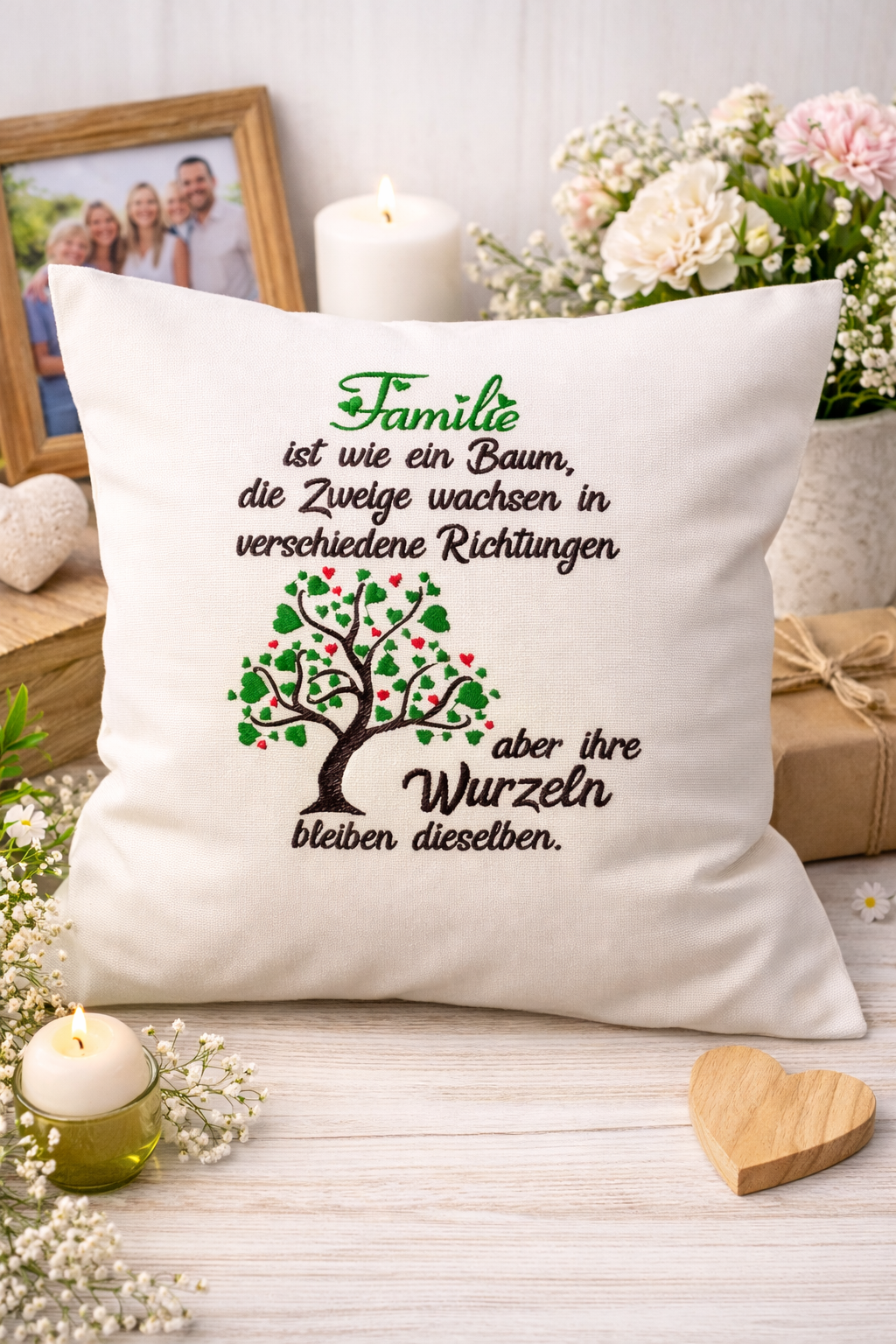 Kissenbezug Zierkissen 40x40 bestickt Baumwolle - Deko für Wohnzimmer Geschenk für Familie Familienbaum