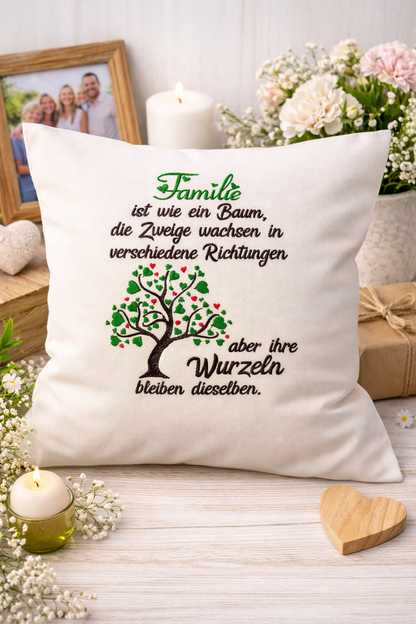 Kissenbezug Zierkissen 40x40 bestickt Baumwolle - Deko für Wohnzimmer Geschenk für Familie Familienbaum